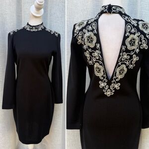 1990 Outlander black long sleeve acrylic wool blend knit mini dress open back